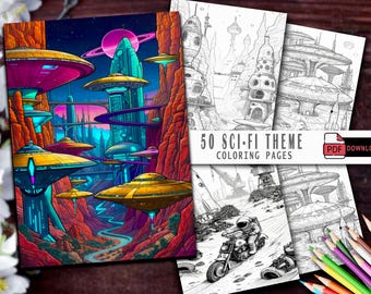 Sci-Fi Coloring Book, 50 Grayscale Pages, Adults & Kids (Printable PDF, Instant Download)