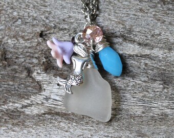 Mermaid & Sea Glass Necklace - Beach Glass Jewelry - Flower Necklace - Mermaid Necklace - Ocean Inspired - Beach Jewelry - Hawaiian Jewelry