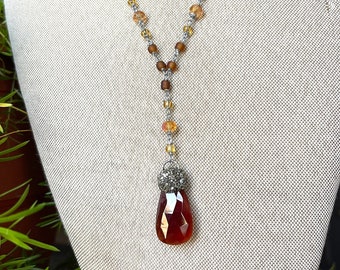 Hessonite Garnet Necklace w/ Beaded Chain, festival jewelry, Made in USA