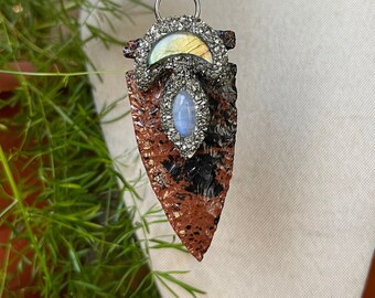 Stone Arrowhead Necklace, Mahogany Obsidian, Labradorite, Rainbow Moonstone, Made in USA