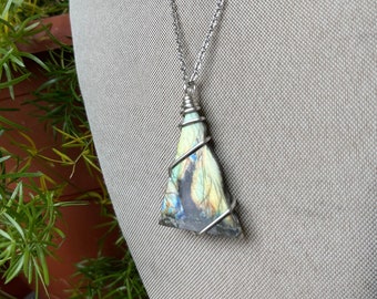 Labradorite Necklace Wire Wrapped in Silver, Raw Stone Jewelry for her