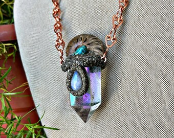 SALE Angel Aura Quartz Necklace w/ Rainbow Moonstone & Chrysocolla