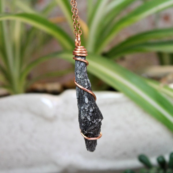 Black Kyanite Necklace, Wire Wrapped Stone Jewelry for Women