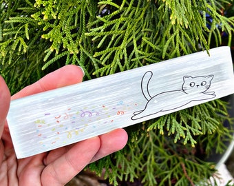 Selenite Slab w/ Cat Butt Confetti, UV Printed on Natural Stone, Cat Lover Gift Idea, Made in USA