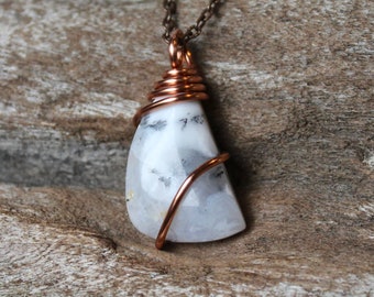 Dendritic Opal Necklace, Wire Wrapped Stone Jewelry for Women