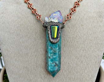 Large Amazonite Necklace, Angel Aura Spirit Quartz Crystal Jewelry Spiritual, Made in USA
