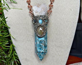 Large Apatite Necklace w/ Spirit Quartz, Sapphire, Larimar, Labradorite & handmade Chain, Made in USA