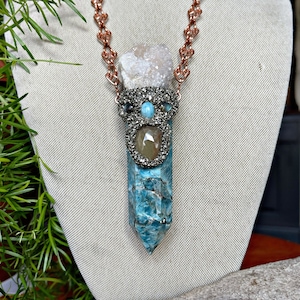 Large Apatite Necklace w/ Spirit Quartz, Sapphire, Larimar, Labradorite & handmade Chain, Made in USA image 1