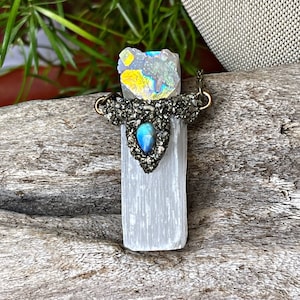Selenite Necklace w/ Angel Aura Quartz & Labradorite, Raw Crystal Jewelry, Made in USA image 1