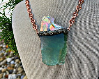 XL Green Fluorite Necklace w/ Angel Aura Quartz Crystal Cluster