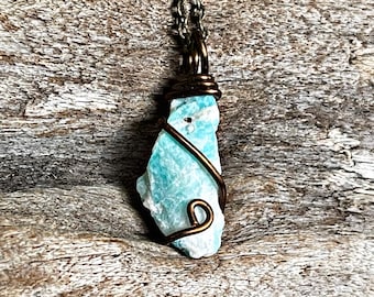 Raw Amazonite Necklace, Wire Wrapped Stone Jewelry