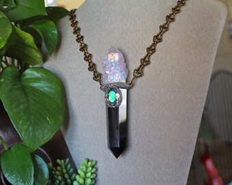LARGE Obsidian Necklace w/ Angel Aura Spirit Quartz, Mermaid Tears Hawaii Signature Handmade Chain, Boho Jewelry, Black Crystal Necklace