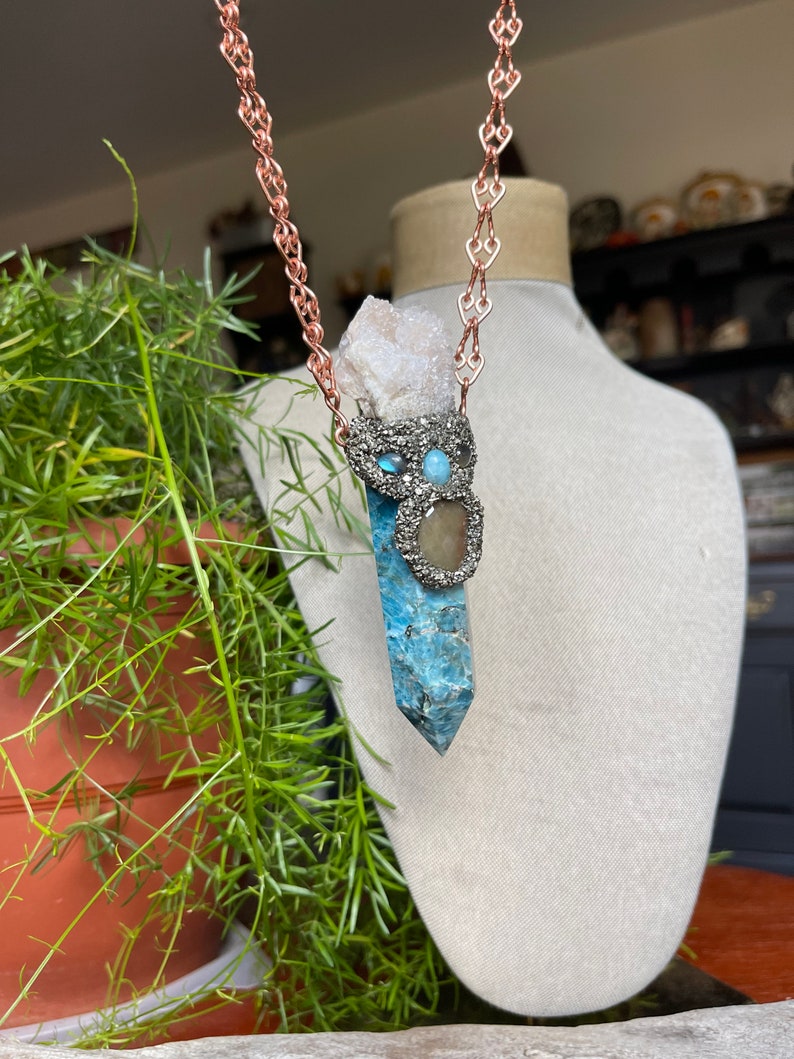 Large Apatite Necklace w/ Spirit Quartz, Sapphire, Larimar, Labradorite & handmade Chain, Made in USA image 4