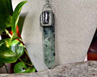 Black Tourmaline & Prehnite Necklace, Large Crystal Jewelry