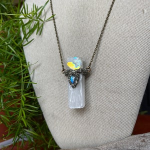 Selenite Necklace w/ Angel Aura Quartz & Labradorite, Raw Crystal Jewelry, Made in USA image 3