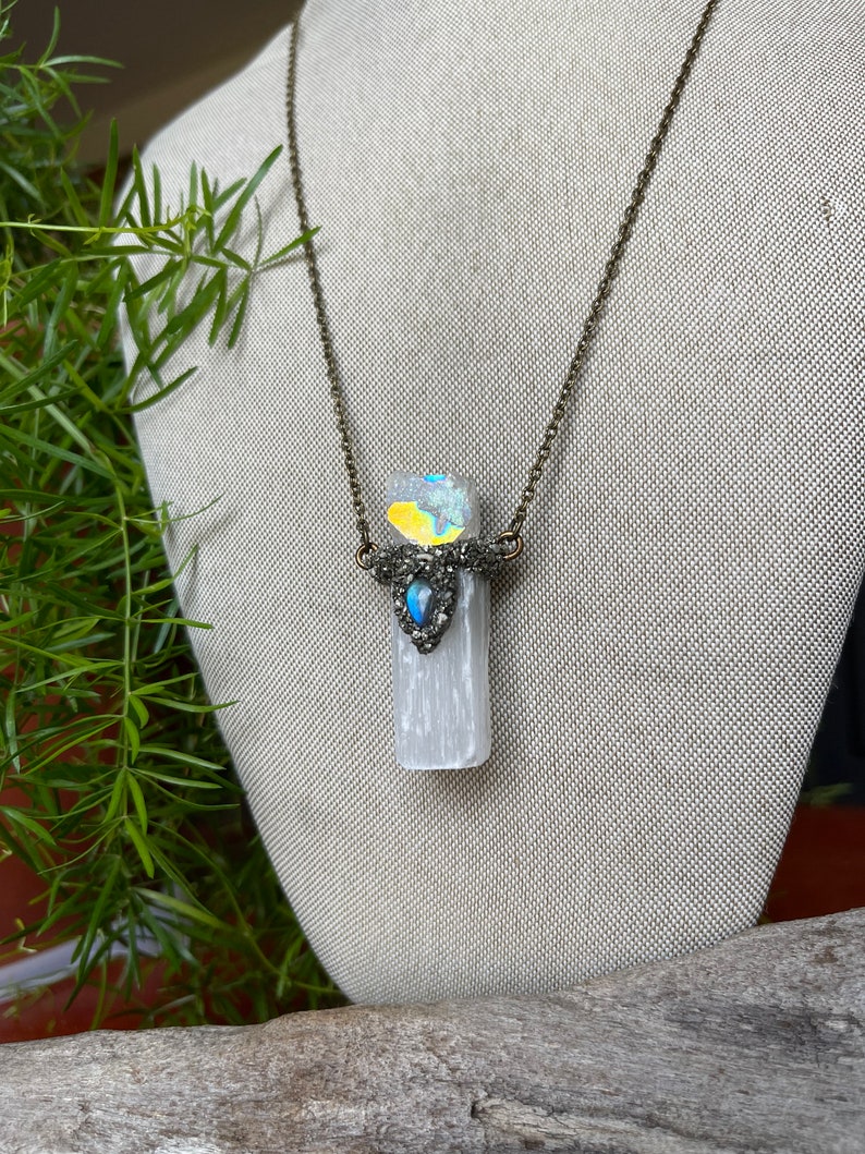 Selenite Necklace w/ Angel Aura Quartz & Labradorite, Raw Crystal Jewelry, Made in USA image 3