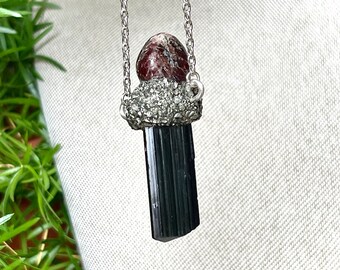 Black Tourmaline Necklace with Garnet, Protection Crystal Jewelry