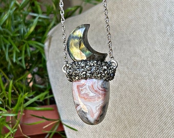 Crazy Lace Agate Necklace with Labradorite Moon, Protection Crystal Jewelry