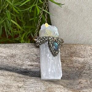 Selenite Necklace w/ Angel Aura Quartz & Labradorite, Raw Crystal Jewelry, Made in USA image 8