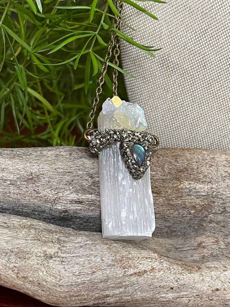 Selenite Necklace w/ Angel Aura Quartz & Labradorite, Raw Crystal Jewelry, Made in USA image 8