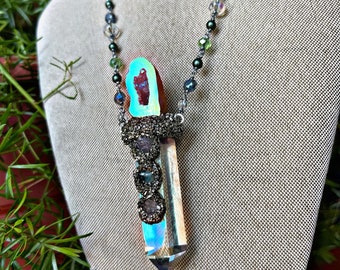 SALE Angel Aura Quartz Necklace w/ Geode & Beaded Chain, Made in USA