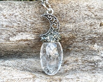 Clear Quartz Necklace, Crescent Moon Jewelry