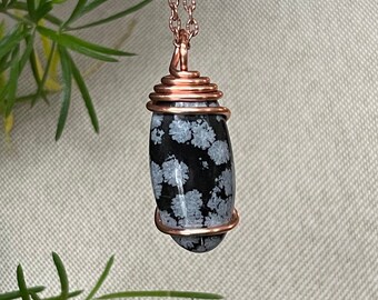 Obsidian Necklace - Snowflake Obsidian Jewelry - Black Stone Necklace - Wire Wrapped Stone Pendant - Bohemian Jewelry - Boho Indie Necklace