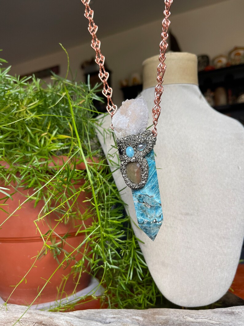 Large Apatite Necklace w/ Spirit Quartz, Sapphire, Larimar, Labradorite & handmade Chain, Made in USA image 5