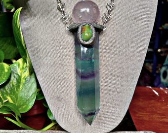 XXL Rainbow Fluorite Necklace w/ Rose Quartz, Turquoise & Handmade Chain