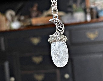 Fire & Ice Quartz Necklace, Crescent Moon Jewelry