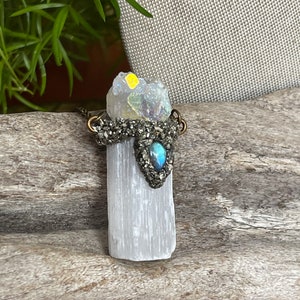 Selenite Necklace w/ Angel Aura Quartz & Labradorite, Raw Crystal Jewelry, Made in USA image 4