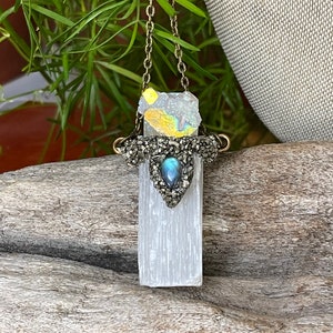 Selenite Necklace w/ Angel Aura Quartz & Labradorite, Raw Crystal Jewelry, Made in USA image 6