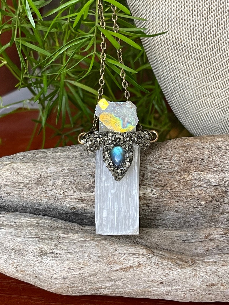 Selenite Necklace w/ Angel Aura Quartz & Labradorite, Raw Crystal Jewelry, Made in USA image 6