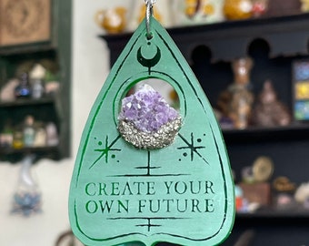 Green Planchette Necklace w/ Amethyst Crystal, Ouija Jewelry