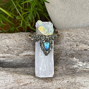 Selenite Necklace w/ Angel Aura Quartz & Labradorite, Raw Crystal Jewelry, Made in USA image 10