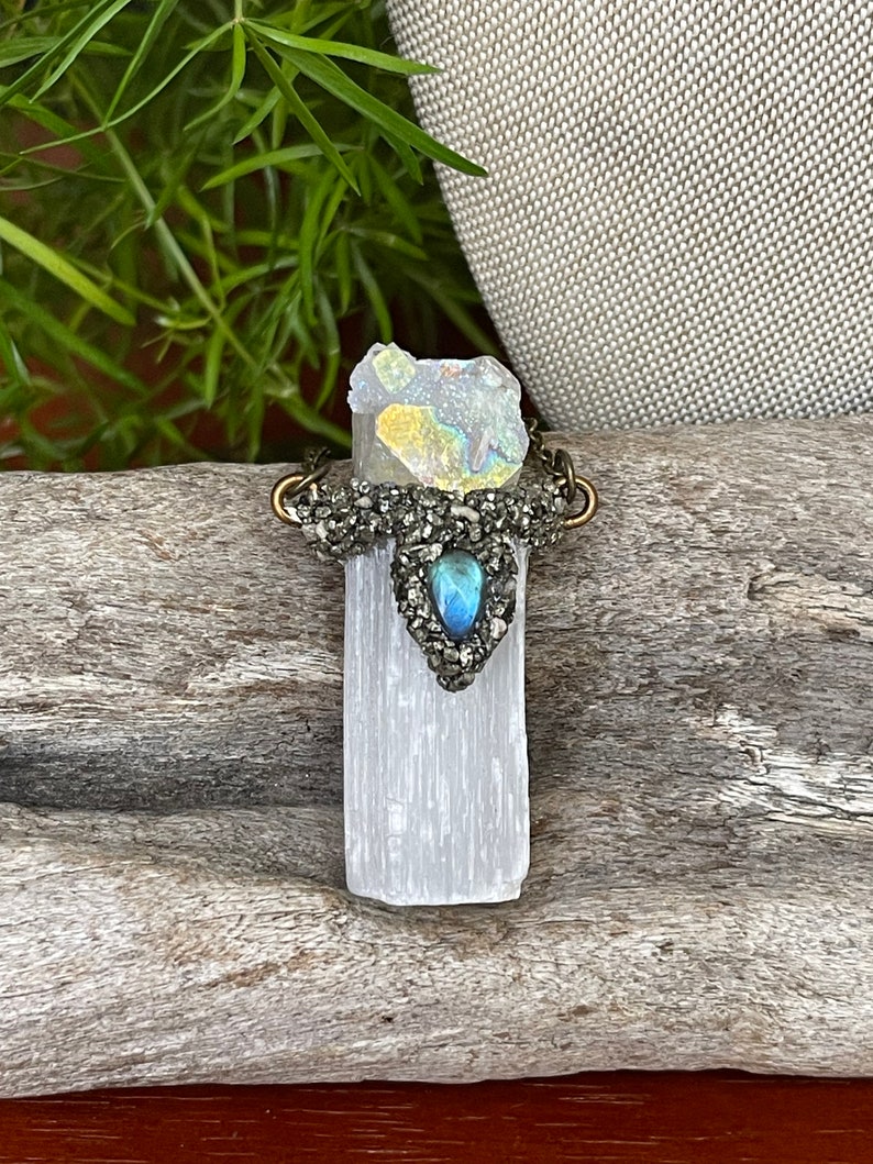 Selenite Necklace w/ Angel Aura Quartz & Labradorite, Raw Crystal Jewelry, Made in USA image 10