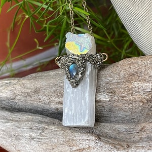 Selenite Necklace w/ Angel Aura Quartz & Labradorite, Raw Crystal Jewelry, Made in USA image 7