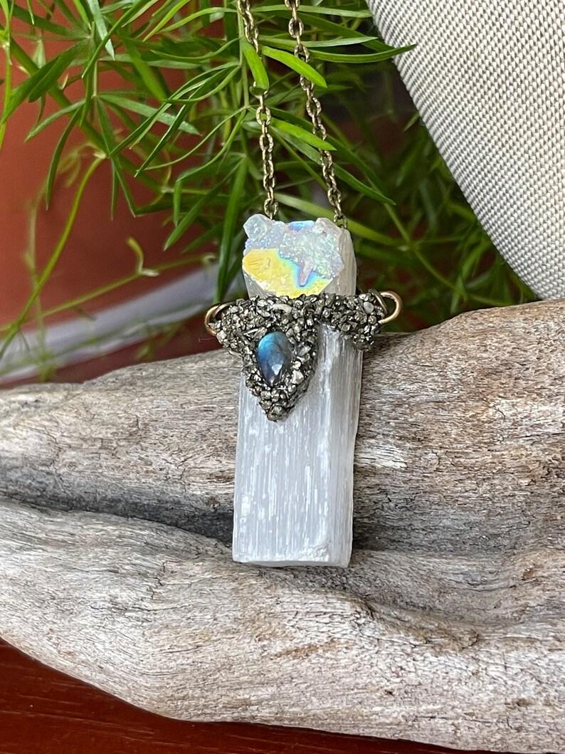 Selenite Necklace w/ Angel Aura Quartz & Labradorite, Raw Crystal Jewelry, Made in USA image 7