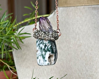 Tree Agate Necklace w/ Amethyst Crystal Point, Made in USA