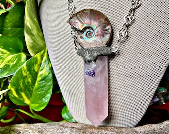 XL Rose Quartz Necklace w/ Opalized Ammonite, Amethyst & Handmade Chain