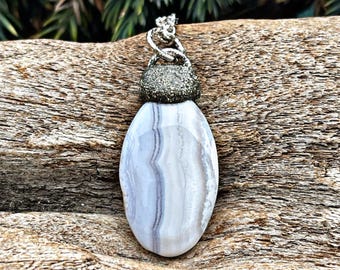 Blue Lace Agate Necklace with Pyritr