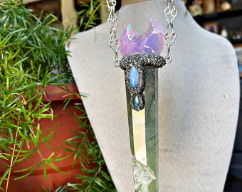 Angel Aura Moon Necklace w/ Prehnite, Moonstone, Labradorite & Handmade Chain