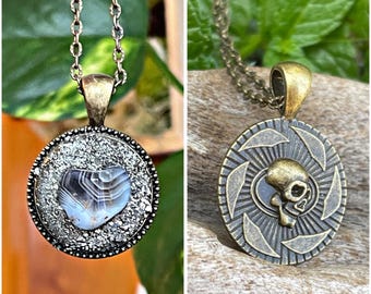 Skull & Botswana Agate Necklace, Stone Jewelry