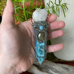 Large Apatite Necklace w/ Spirit Quartz, Sapphire, Larimar, Labradorite & handmade Chain, Made in USA image 6