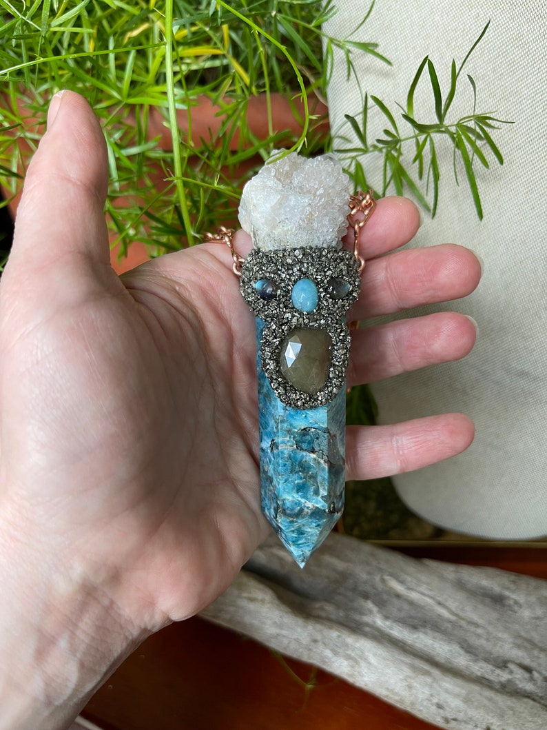 Large Apatite Necklace w/ Spirit Quartz, Sapphire, Larimar, Labradorite & handmade Chain, Made in USA image 6