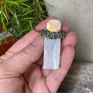 Selenite Necklace w/ Angel Aura Quartz & Labradorite, Raw Crystal Jewelry, Made in USA image 9