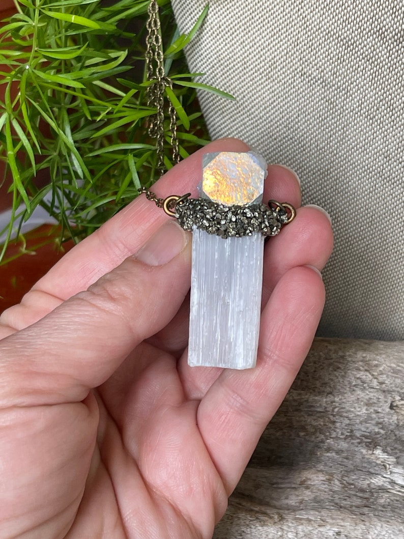 Selenite Necklace w/ Angel Aura Quartz & Labradorite, Raw Crystal Jewelry, Made in USA image 9