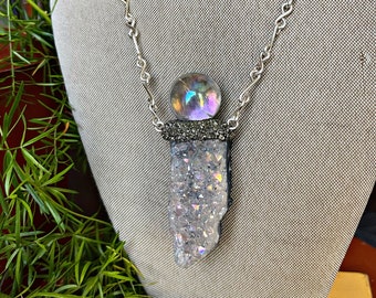 Angel Aura Amethyst Crystal Necklace w/ Aura Quartz Sphere & Handmade Chain