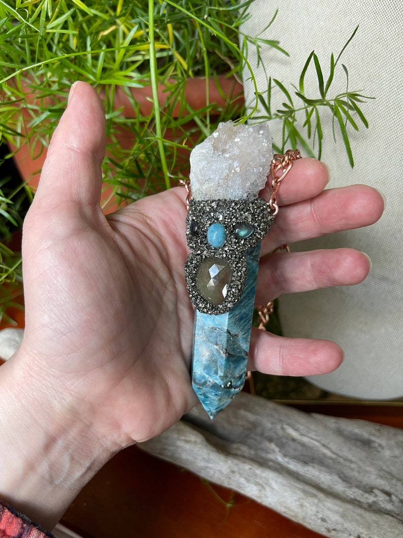 Large Apatite Necklace w/ Spirit Quartz, Sapphire, Larimar, Labradorite & handmade Chain, Made in USA image 7