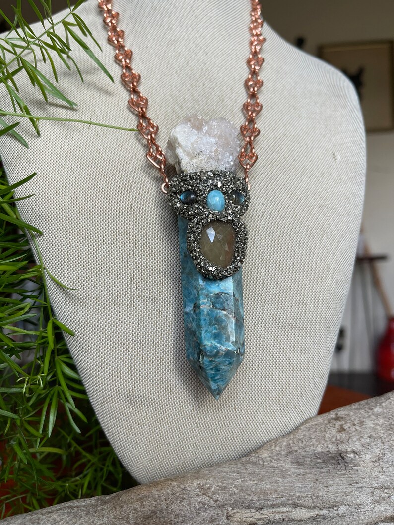 Large Apatite Necklace w/ Spirit Quartz, Sapphire, Larimar, Labradorite & handmade Chain, Made in USA image 3